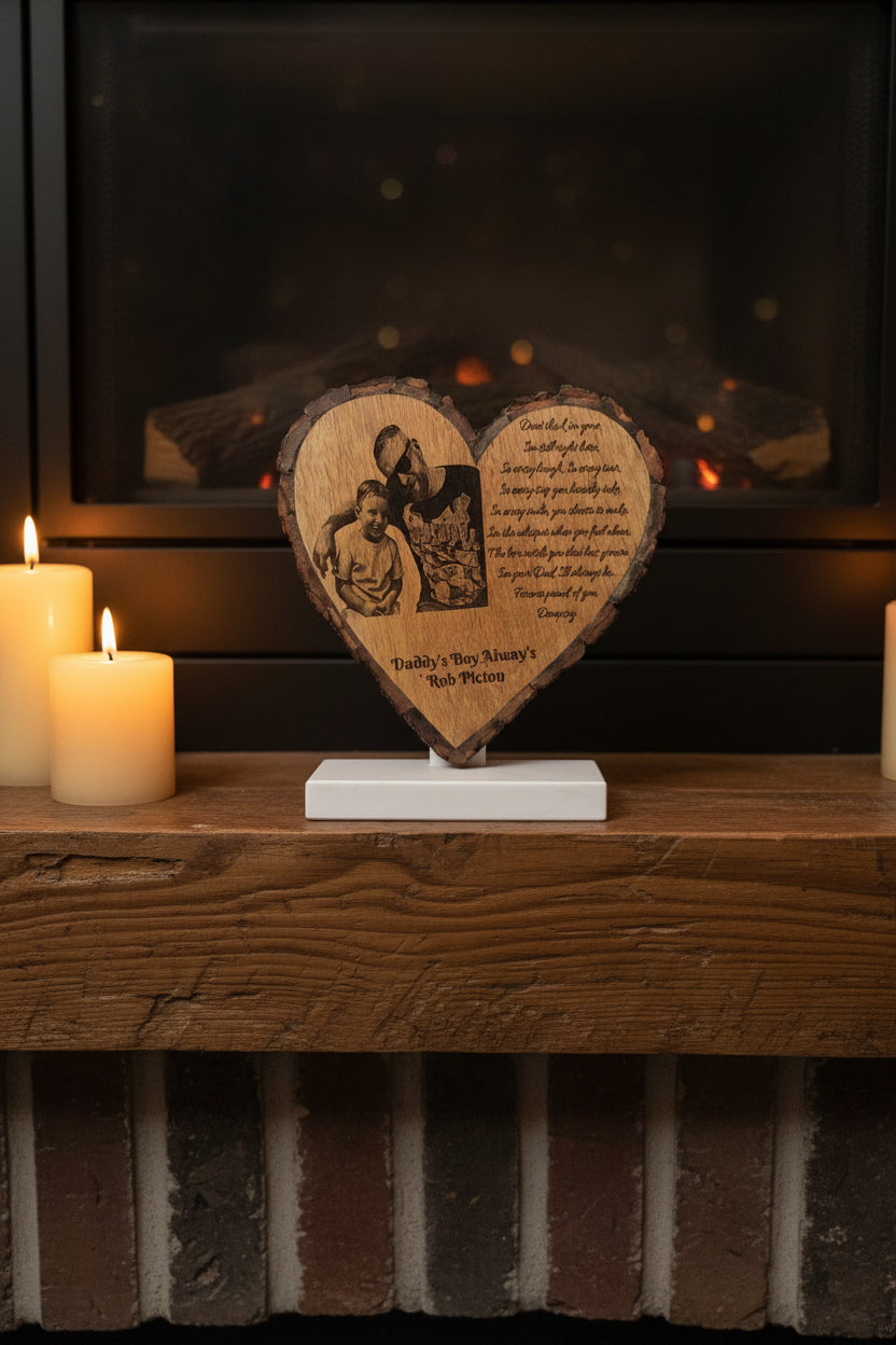 Personalised Heart Memorial Plaque with Quartz stone stand – Engraved Wooden Photo Tribute, Custom Remembrance Gift UK