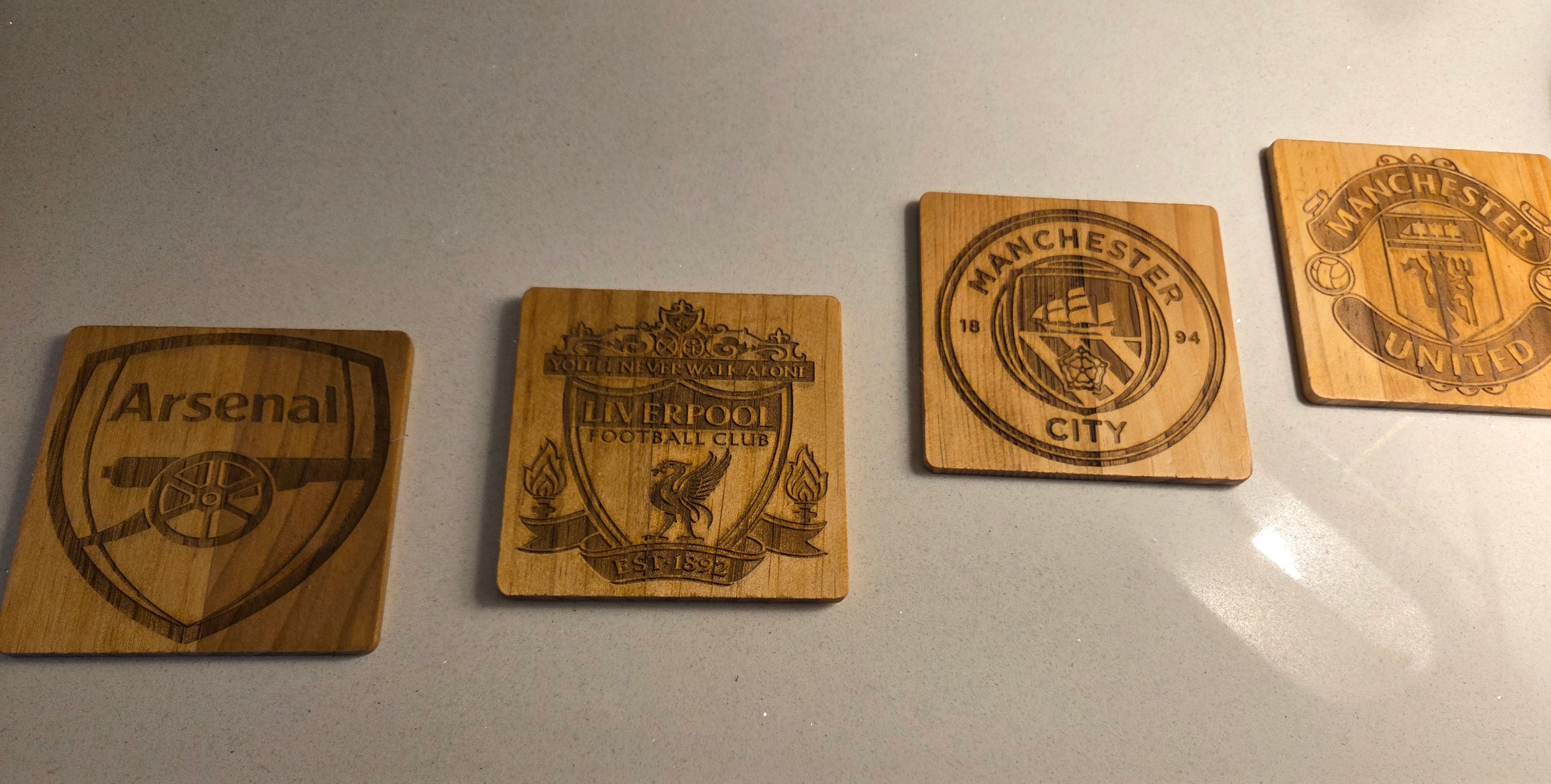 Football Emblem Wooden Engraved Coasters (Set of 4)