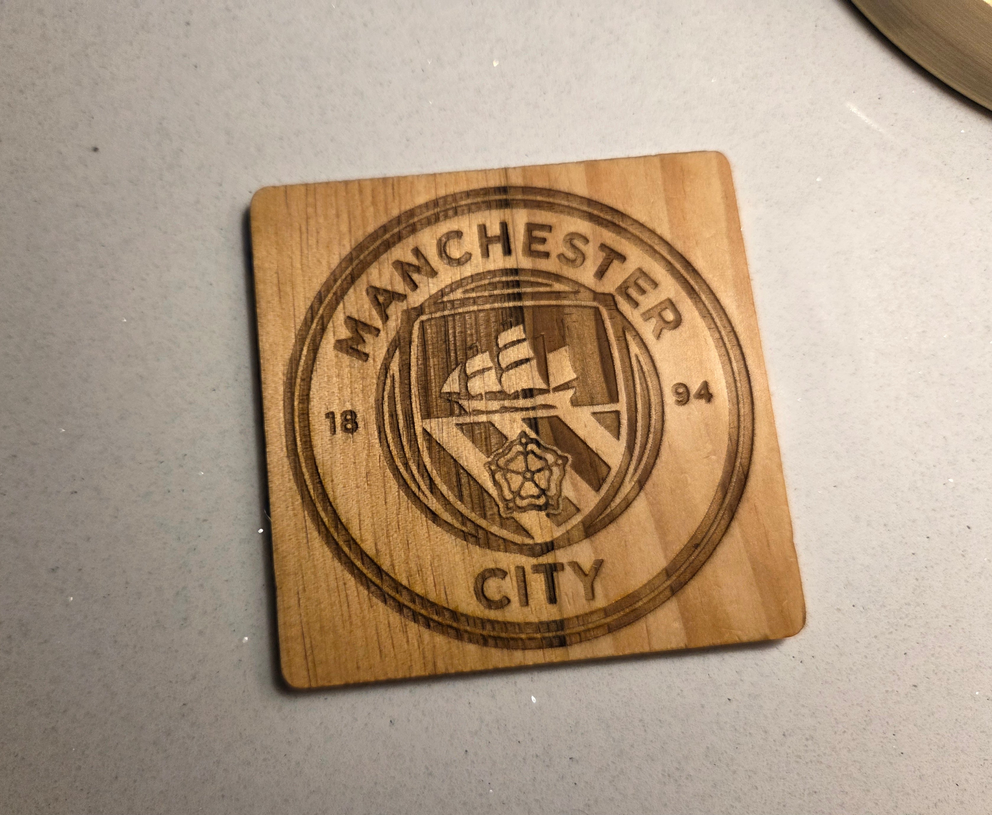 Football Emblem Wooden Engraved Coasters (Set of 4)