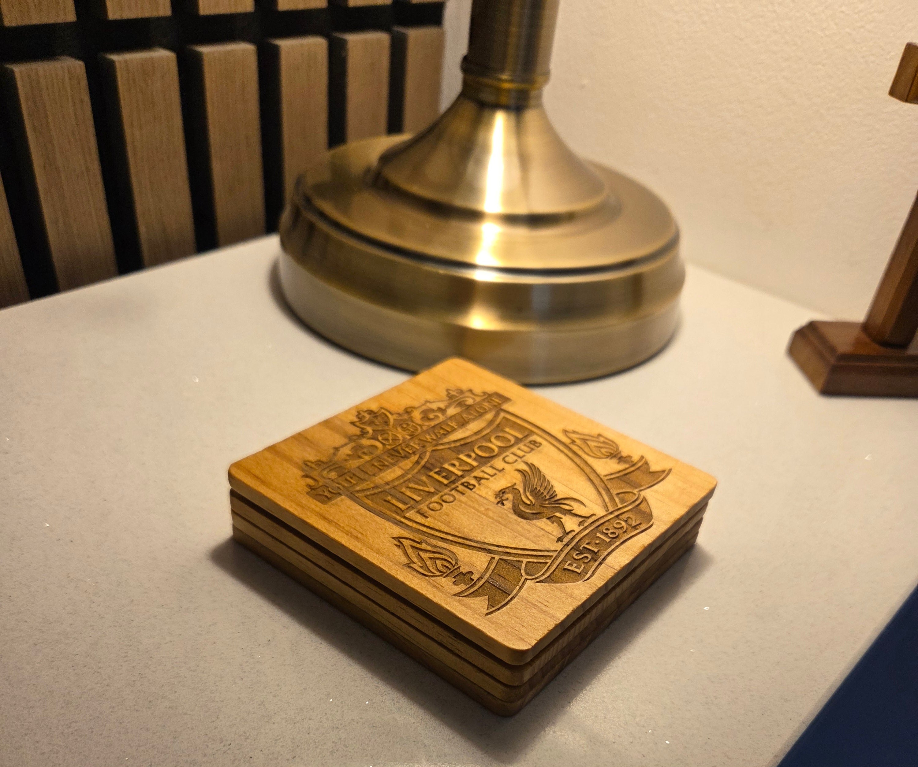 Football Emblem Wooden Engraved Coasters (Set of 4)